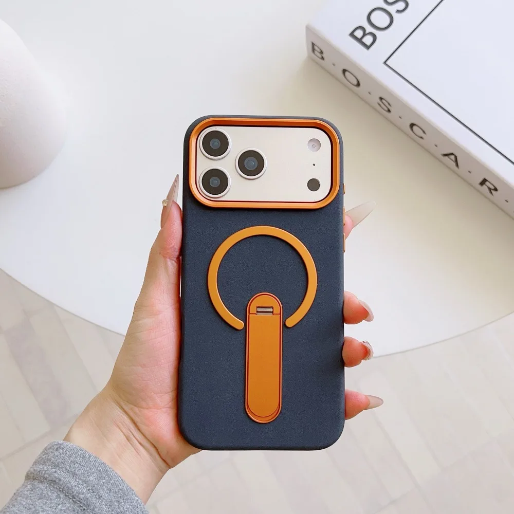 (azul, Iphone 17 Pro Max) Capa De Luxo Com Carregamento Magnético E Textura elephant-grain, Com Suporte De Metal Antichoque