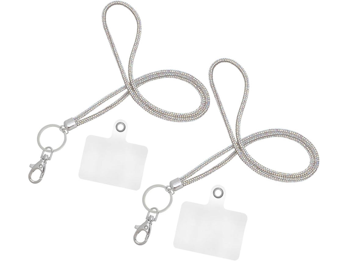 Conjunto de 2 Porta crachás Transparentes com Cordão Prateado Adornado Strass, 44,5 Cm, Clipe Resistente, Port