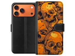 Capa Carteira Compatível Com Apple Iphone 17 Pro Max. Estampa De Caveira Laranja Em Estilo De Ilustração Crua, Com Caveiras Repetidas Em Forte Contras