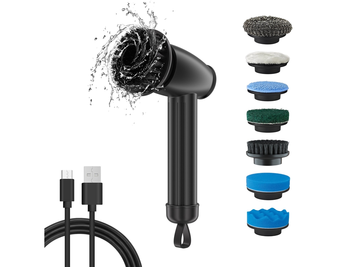Rotary Scrubber Cordless Rechargeable With Replaceable Brush Heads Black