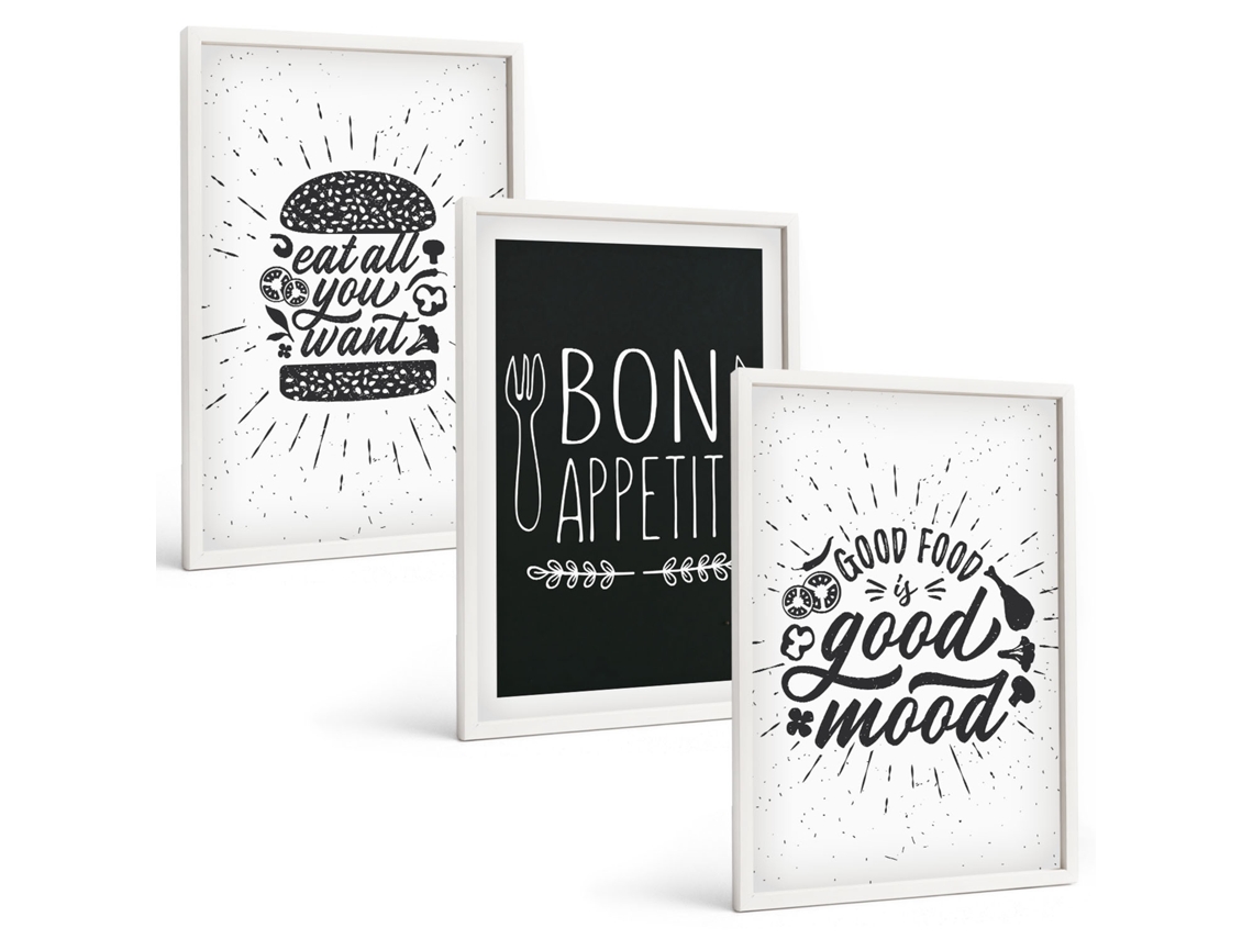 Galeria De Pinturas Murais Gráficos, Comida, Slogans Culinários Moldura Branca Quadros Para O Escritório Espelharte (3 Piezas De 40x60 Cm)