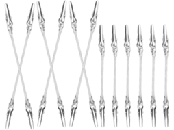 Conjunto de 12 alfinetes de metal jacarelado com dois pinos para fixar mensagens e acessórios decorativos em festas.