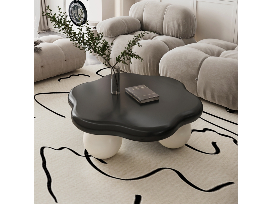 Mesa De Centro 79 Cm Design Nuvem Minimalista Com Pés Esféricos - Preto E Branco