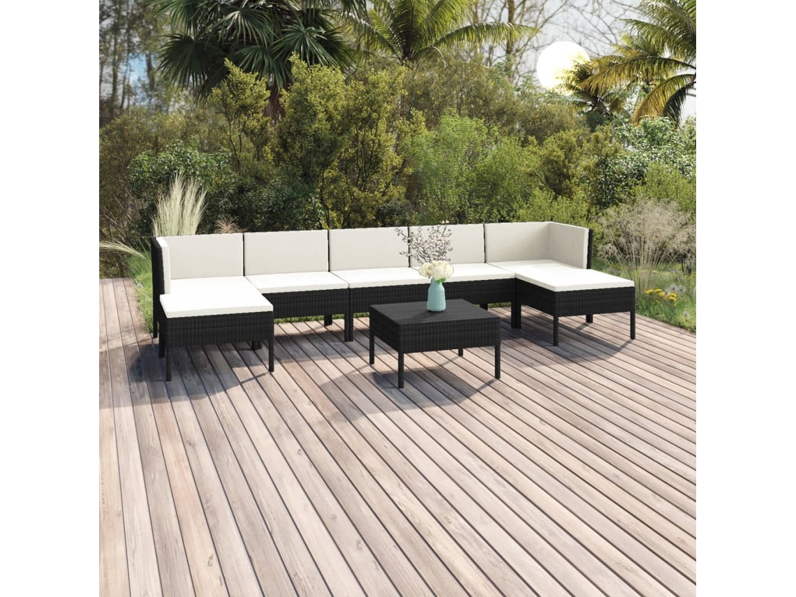 Vidaxl 8 Pcs Conjunto Lounge De Jardim C/ Almofadões Vime Pe Preto