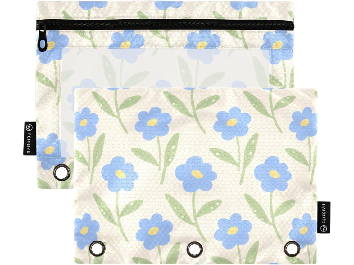 Envelopes Fofos Com Estampa Floral Azul E Estojo Transparente Lápis, Grande Capacidade, 3 Argolas Guardar