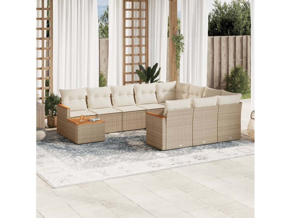 Conjunto de Sofá de Jardim 11 Peças C/ Almofadões Vime Pe Bege Dkd Home Decor