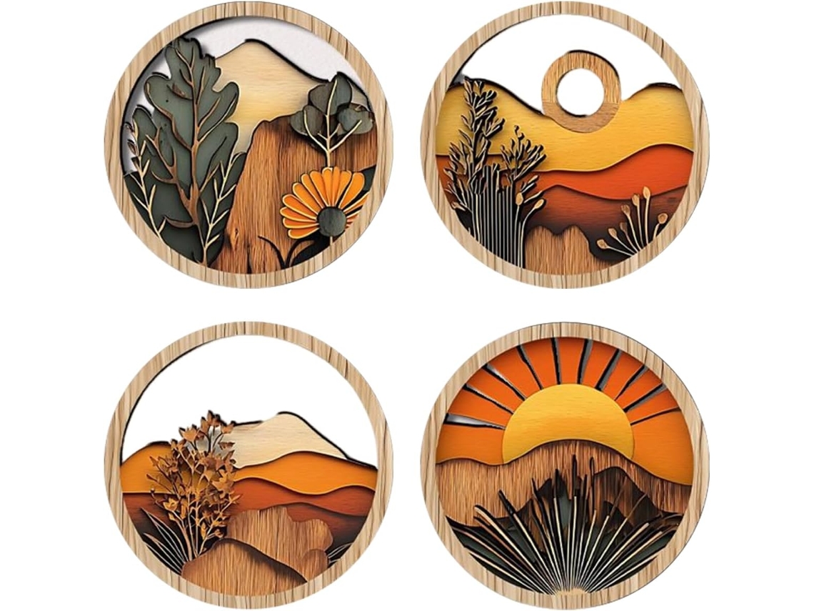 Decoração De Parede Boho Com Ilustrações Decoração De Parede Boêmia, 4 Molduras Redondas De Madeir Gokoco