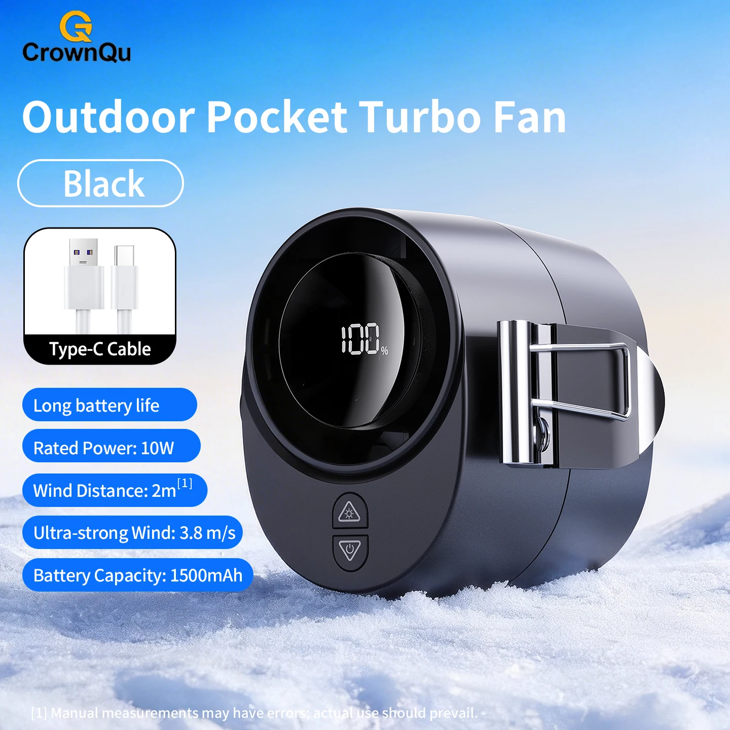 Ventilador Portátil com Clipe de Cintura 1500mah, 6 Níveis de Velocidade Ideal para Trabalho Ao Ar Livre e Viagens MDUG (preto)
