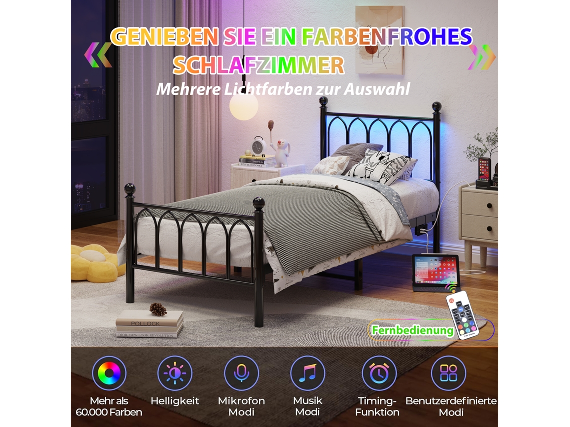 Estrutura De Cama De Metal 90x200 Cm Com Cabeceira E Peseira Vintage, Usb, Led, Ripas De Aço Reforçadas, Espaço De Armazenamento Sob A Cama, Preta.