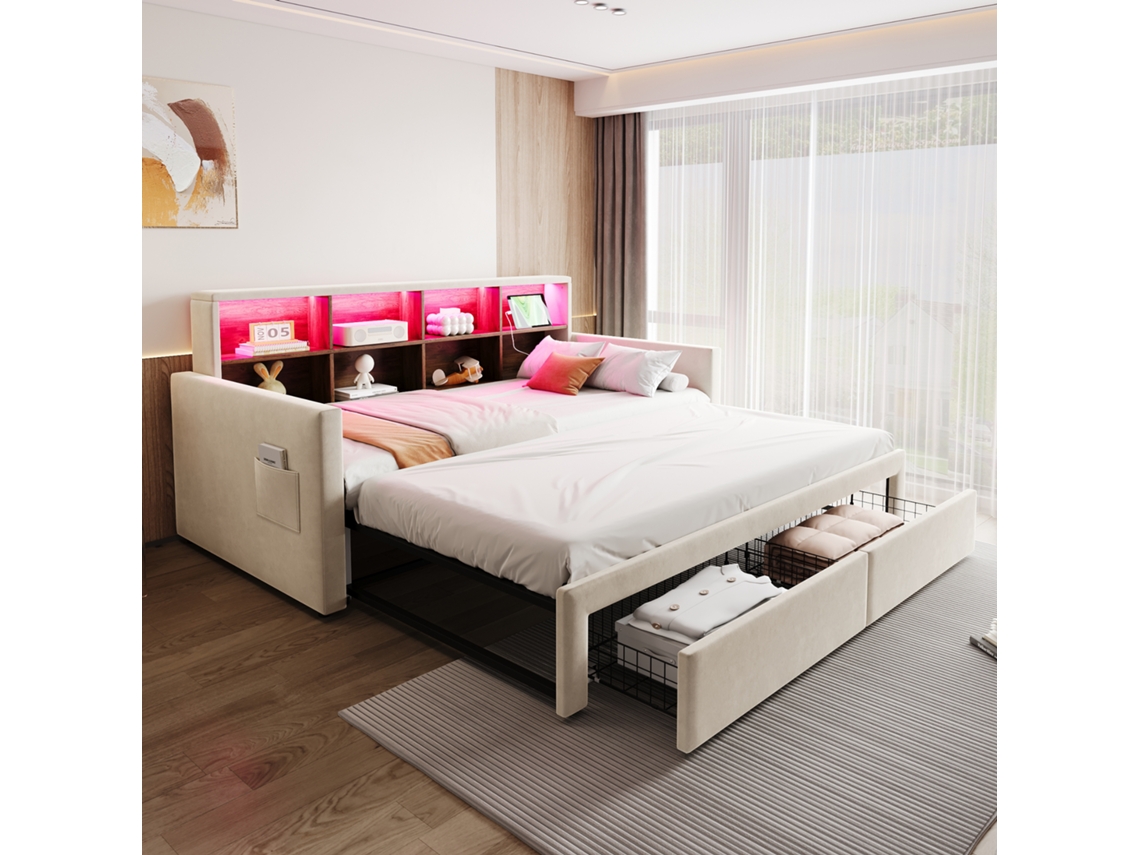 Sofá-cama Acolchoado Retrátil 90/180x190cm, Cabeceira Com Nichos, Luzes Led E Tomadas, Duas Gavetas E Estrado, Veludo Bege.