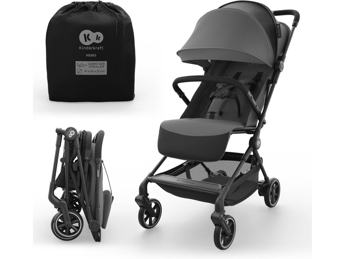 Carrinho De Bebé Kinderkraft NEBO ultraleve com encosto reclinável, apoio para os pés ajustável e cinto 5 pontos Cinzento
