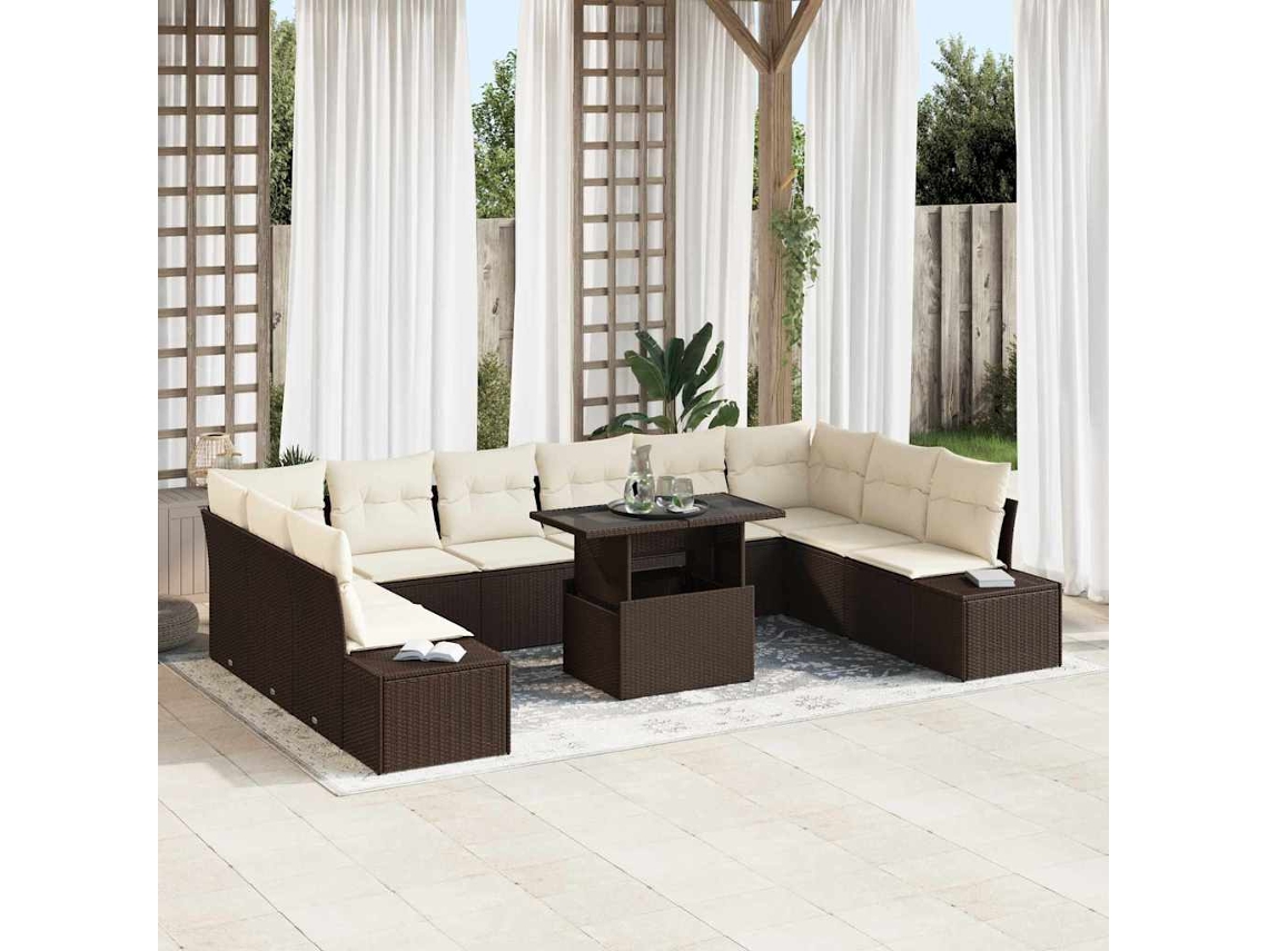Vidaxl Conjunto De Sofá De Jardim 11 Unid. Marrom E Creme Vime Pe