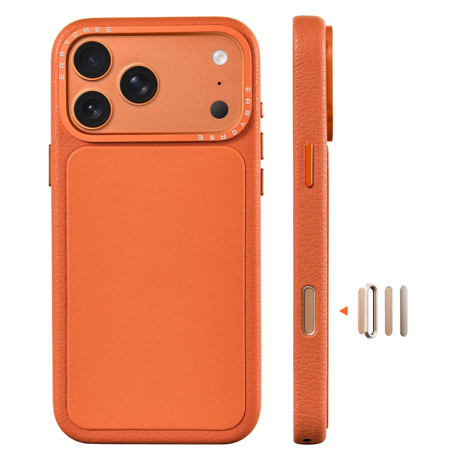 Capa De Couro Genuíno Para Iphone 17 Pro (laranja), Com Design Magnético E Compartimento Para Os Controles Da Câmera.