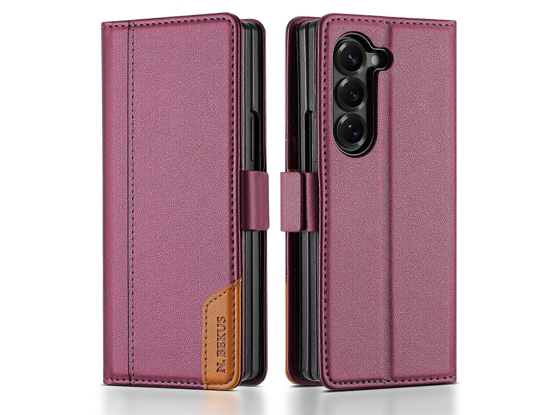 Tkdaddy N.bekus Para Samsung Galaxy Z Fold6 5g Capa Com Suporte E Bloqueio Rfid Em Couro Pu, Capa Tipo Carteira, Vinho Tinto