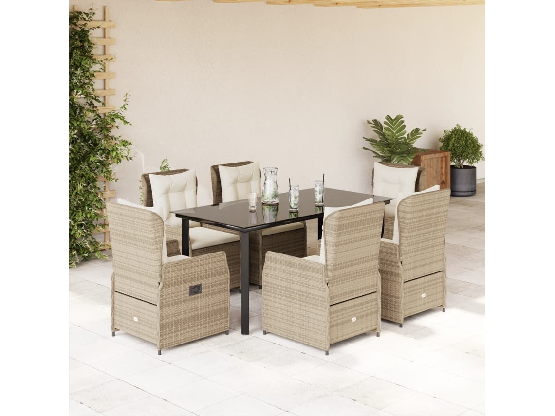 7 Pcs Conjunto De Jantar P/ Jardim Com Almofadões Vime Pe Bege Dkd Home Decor