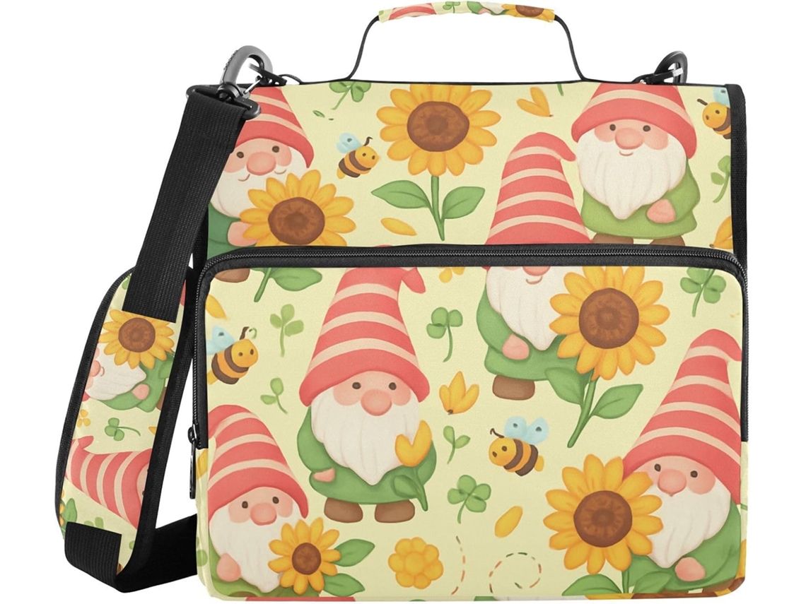 Organizador De Fichário 3 Argolas Com Alça Em Formato Gnomo E Girassol Vários Bolsos Zíper, Ideal Escola E