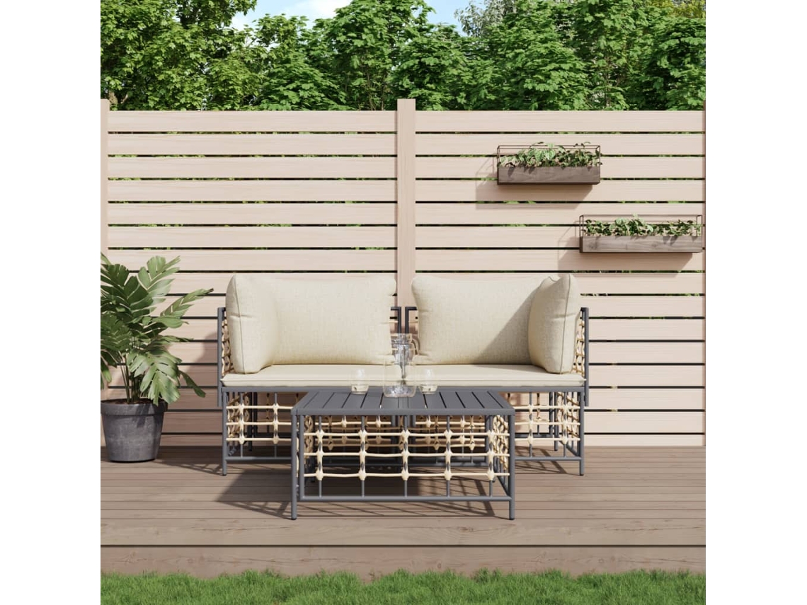 3 Pcs Conjunto Lounge De Jardim C/ Almofadões Vime Pe Antracite Dkd Home Decor