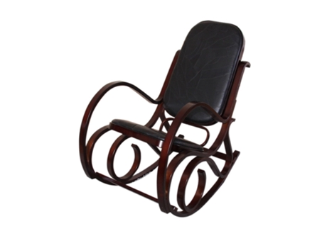 Cadeira de Balanço Rocking Chair Aspeto Retro em Madeira Maciça Cor de Nogal e Couro Patchwork Preto Fab04010 MOBIKASA