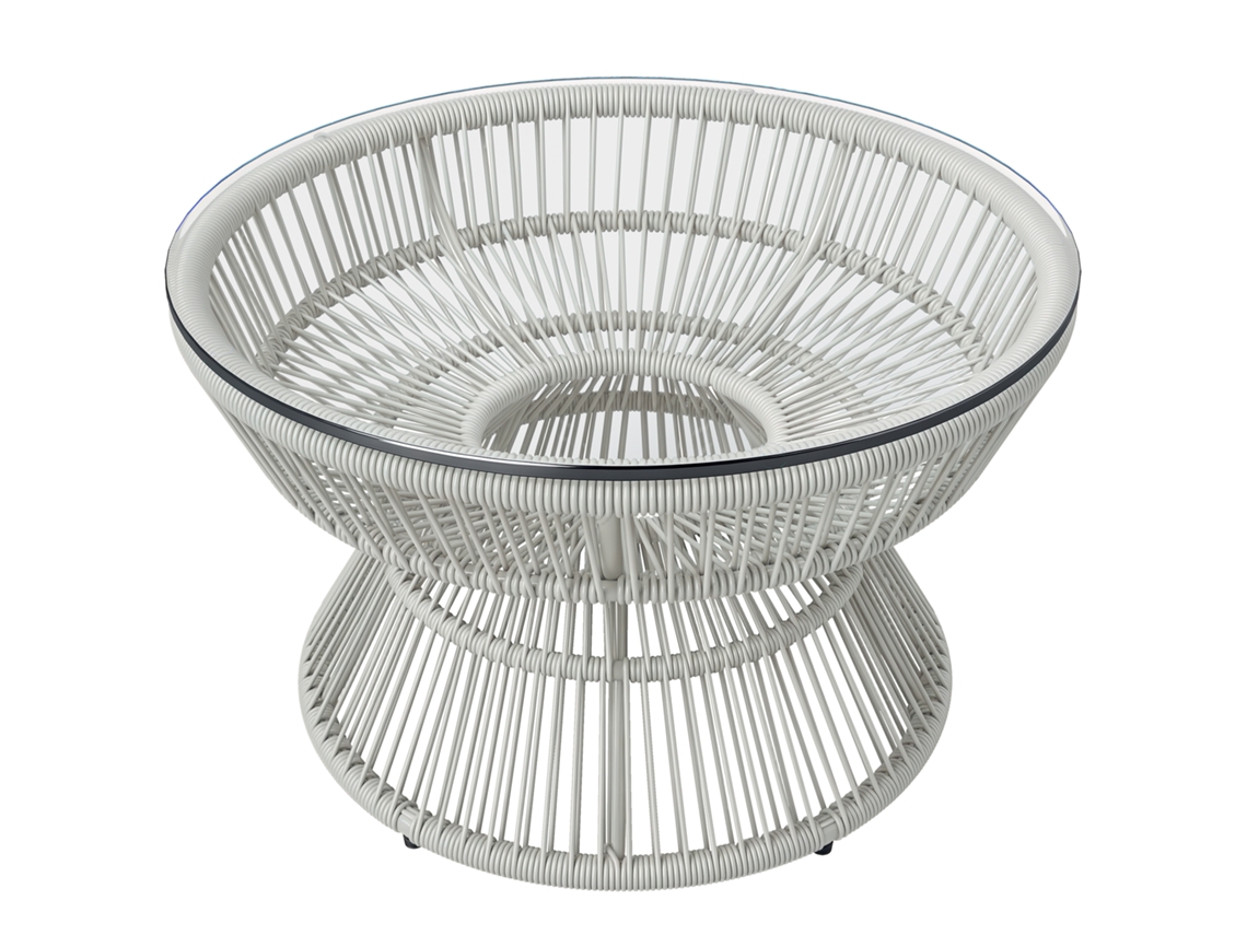 Mesa De Centro Redonda Para Jardim, Mesa Lateral Em Resina Com Aparência De Rattan E Tampo De Vidro Temperado, Ø 60 X 37a Cm
