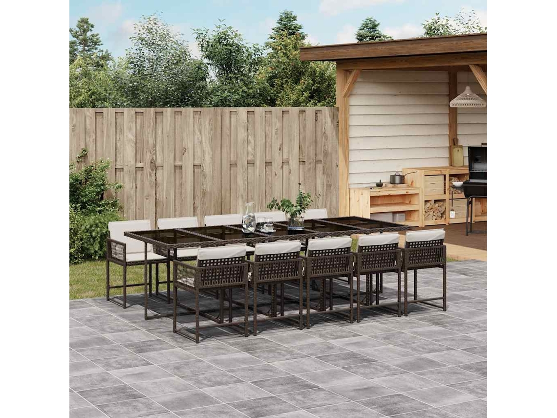 Vidaxl 11 Pcs Conjunto Jantar P/ Jardim C/ Almofadões Vime Pe Castanho