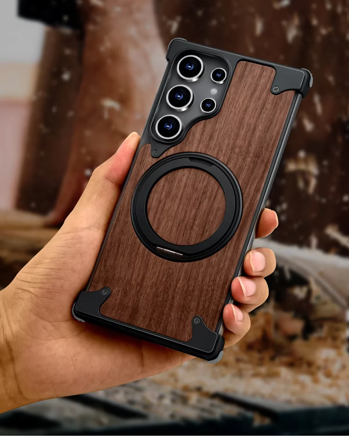 Capa De Madeira Maciça Para Celular (galaxy S25 Ultra, Preto), Compatível Com Magsafe, Suporte Giratório De 360°