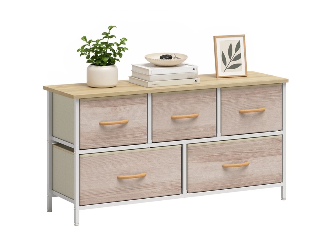 Cómoda Quarto Madeira Branco 100x30x51,5cm, 5 Gavetas Tecido Estrutura Metálica
