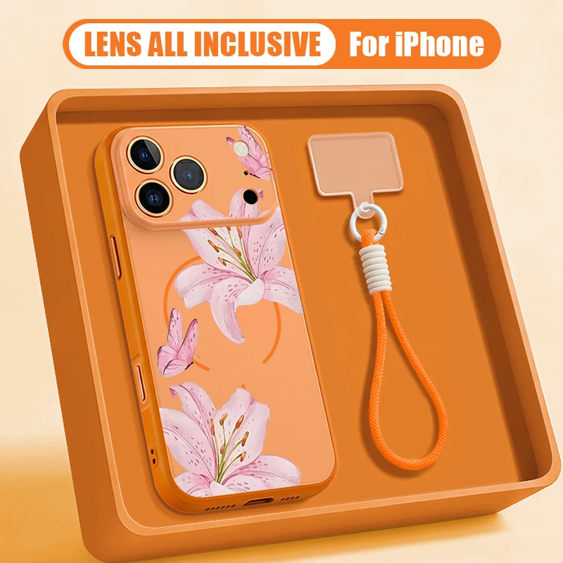 Capa Rígida Para Iphone 17 Com Cordão Magnético E Estampa Floral De Desenho Animado (laranja).