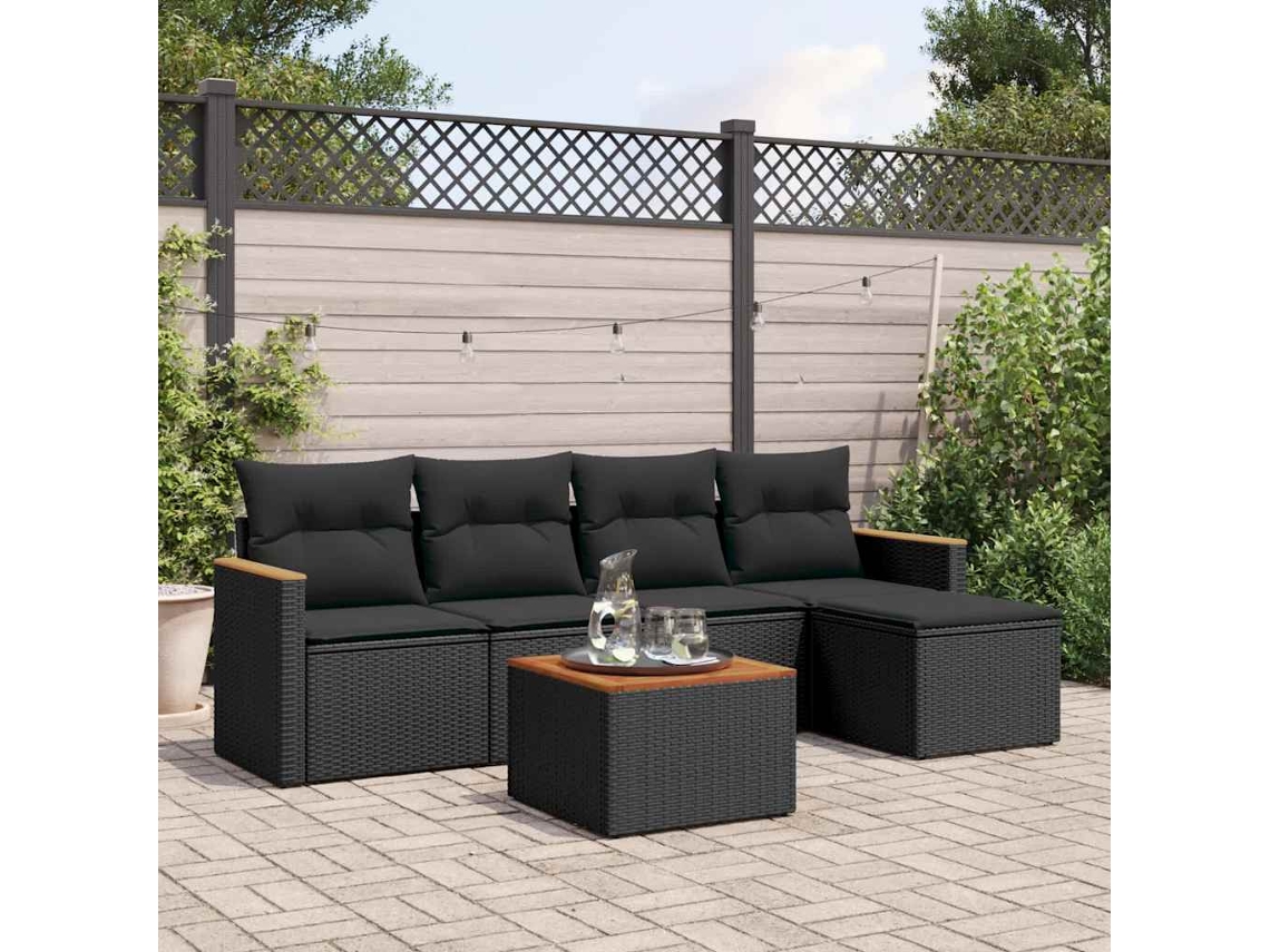 Vidaxl 6 Pcs Conjunto Sofás De Jardim C/ Almofadões Vime Pe Preto