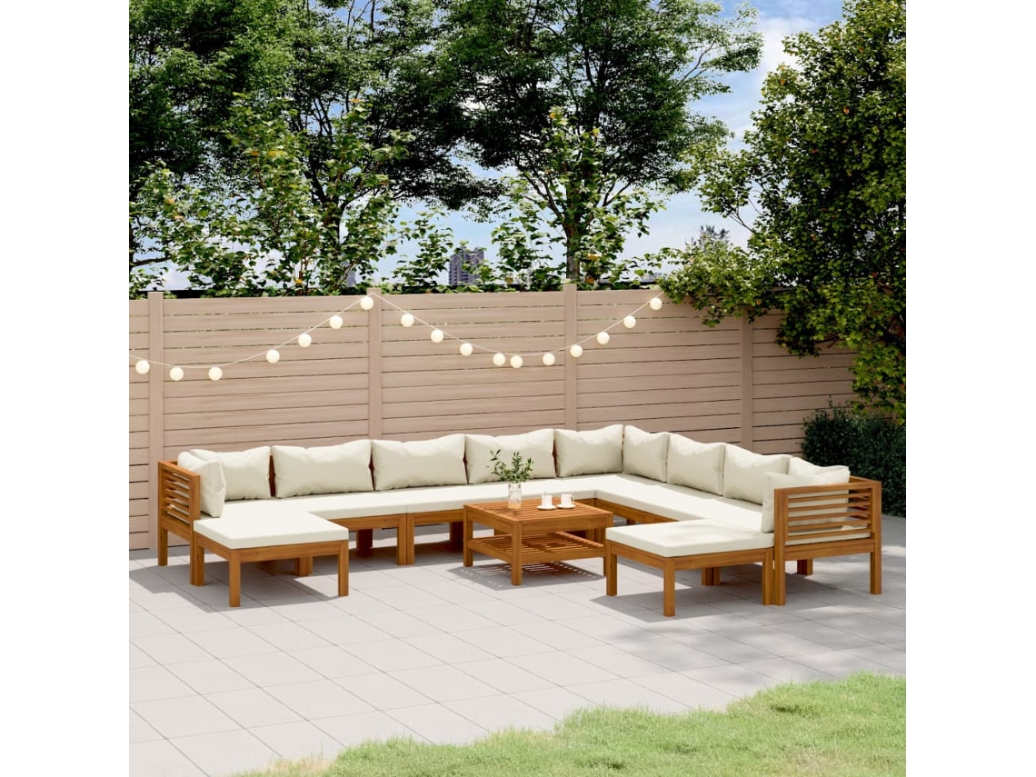 Conjunto Lounge 11 Peças Jardim C/ Almofadões Creme Acacia Maciça Dkd Home Decor