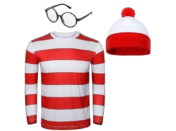 2026 traje de Cosplay Wally para Adultos com Camisa Listrada Vermelha e Branca, Boné e Óculos Conjunto para Halloween e Festas de Fantasia