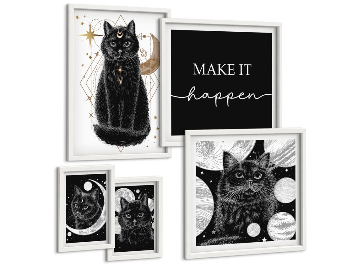 Conjunto De Pinturas Gatos Pretos Boho Cosmos Espelharte (5 Peças)