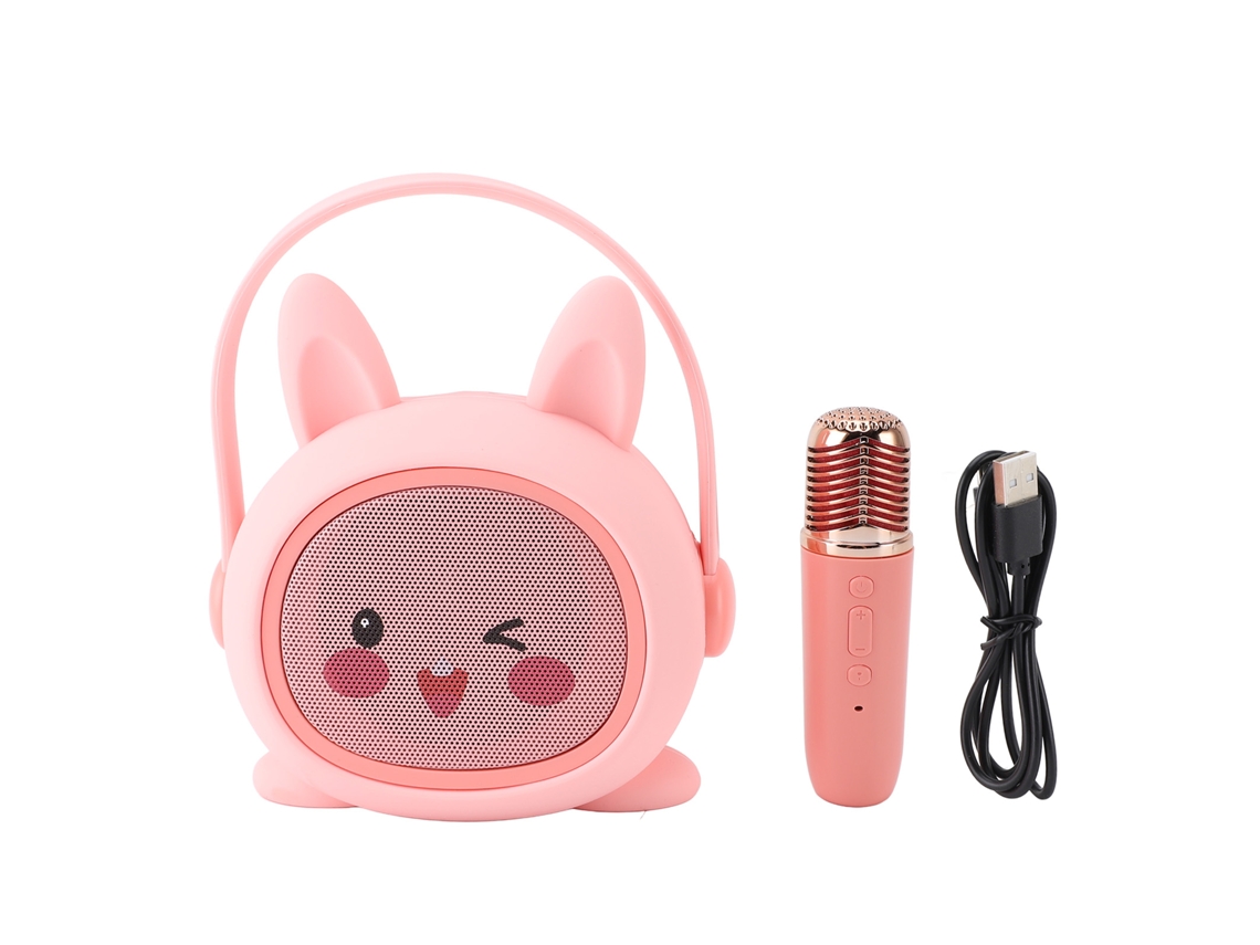 Máquina De Karaokê Portátil Para Crianças Com Microfone Boneco Coelho Rosa Bateria