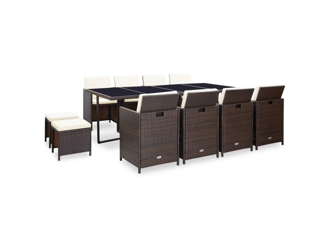 Vidaxl 13 Pcs Conjunto Jantar Exterior Com Almofadões Vime Pe Castanho