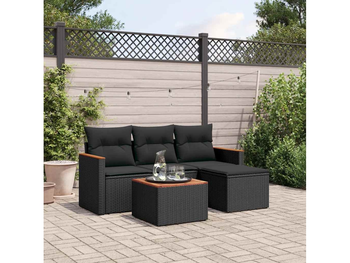 Vidaxl 5 Pcs Conjunto Sofás De Jardim Com Almofadões Vime Pe Preto