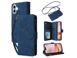 Capa Em Couro Pu, Com Suporte E Pega Para Apple Iphone 16 Plus - Azul
