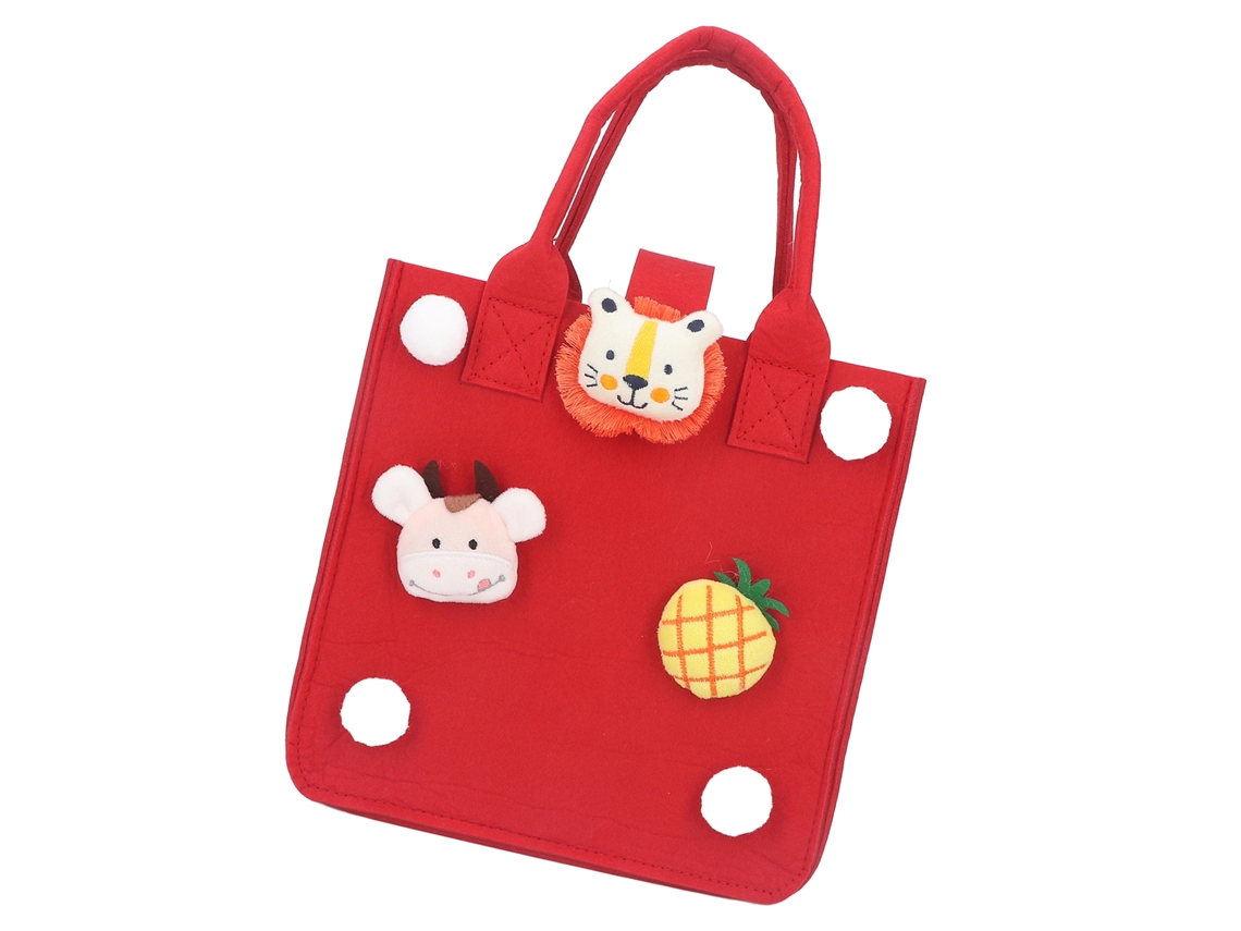 Mali bolsa de Compras de Feltro Vermelha Reutilizável com Decoração de Animal e Fruta