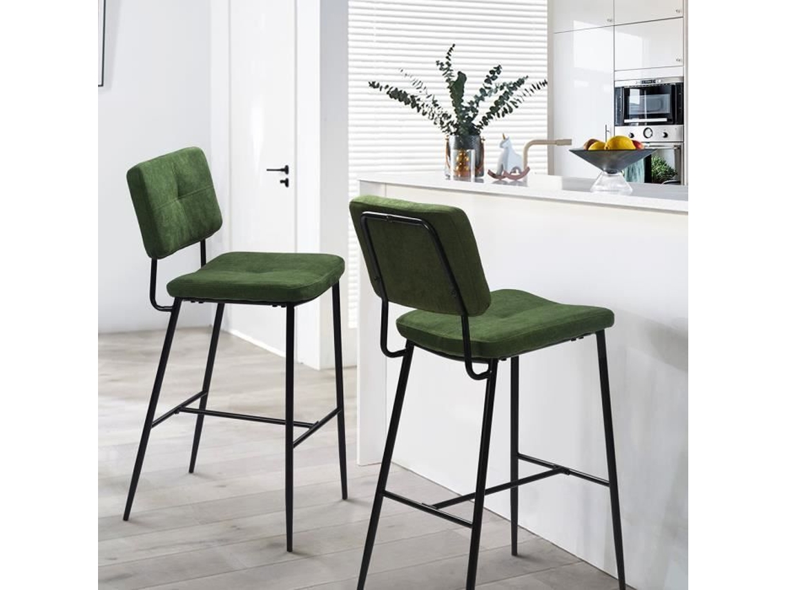 Conjunto De 2 Banquetas De Bar Escandinavas Em Tecido Verde, Cadeiras Altas Com Encosto E Descanso Para Os Pés, Altura Do Assento 74 Cm Meubles Cosy