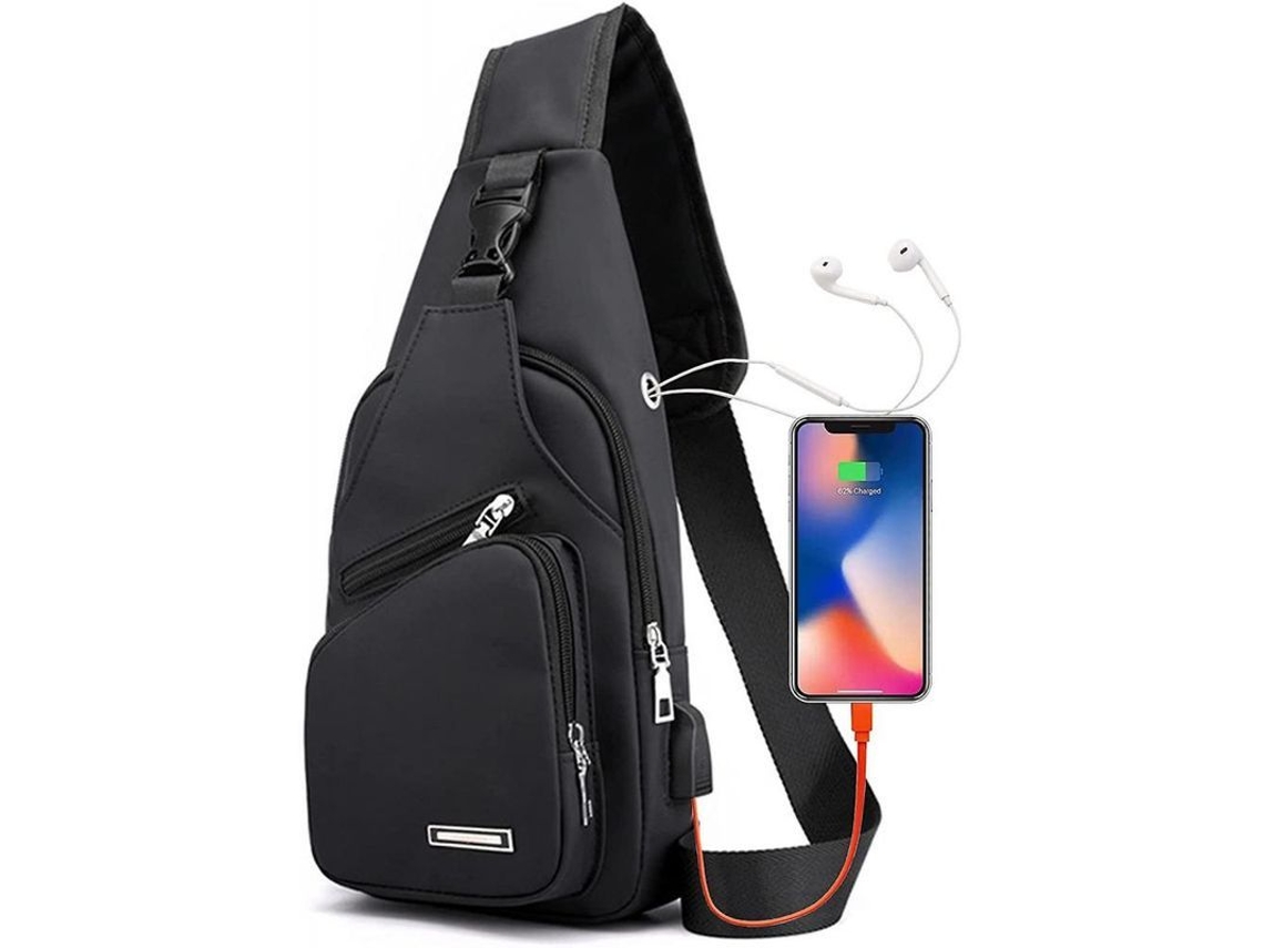 2026-mochila Bandolera Cruzada Impermeable Com Porta Usb E Furo Para Fones De Ouvido Unissex Negro