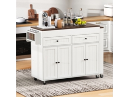 Ilha De Cozinha Com Rodas, Área De Refeição Extensível, Tampo E Gavetas (branco+noz)