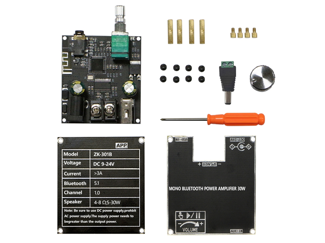 Placa De Amplificador Áudio Zk-301b Portátil 30w Bt5.3 Mono Com Caixa De Emparelhamento Sem Fio
