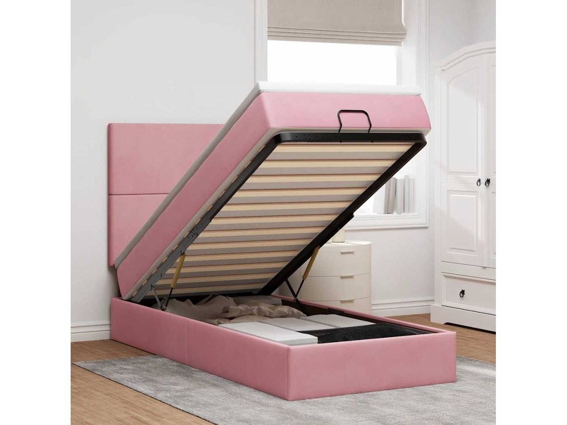 Moldura De Cama Otomana Com Colchões Rosa 100x200cm Veludo
