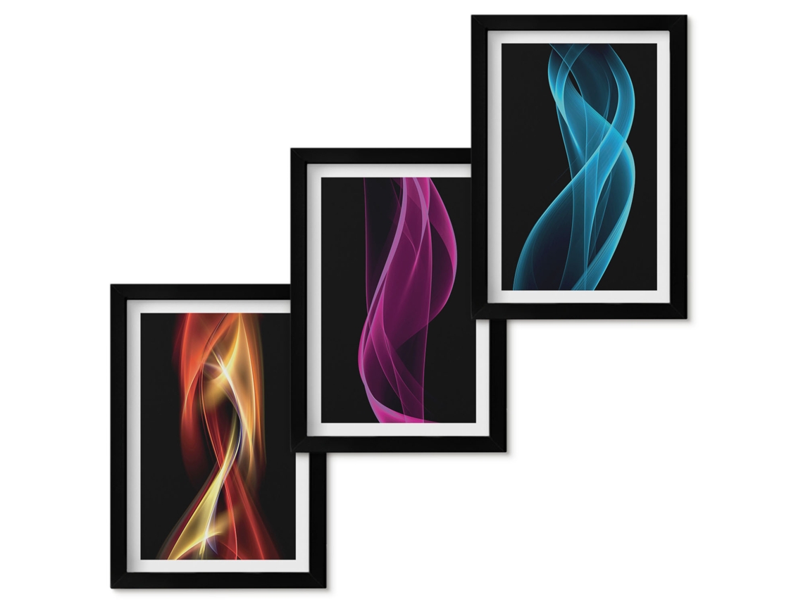 Pinturas Murais Modernasondas, Linhas Neon, Fundo Escuro Moldura Preta Fotos Para O Corredor Espelharte (3 Peças 20x30 Cm)