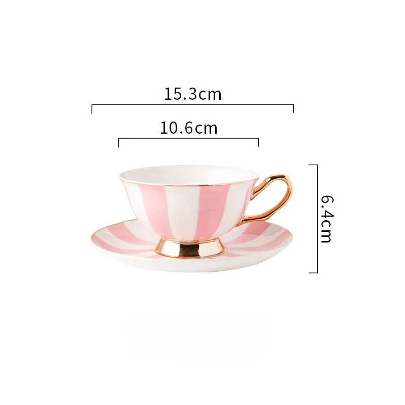 Conjunto de Caneca de Cerâmica Rosa Minimalista em Estilo Nórdico , Inclui Pires e Xícara de Chá com Borda Dourada. MDUG (listrada, 200ml)