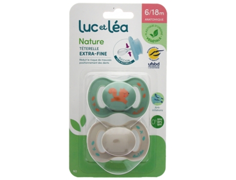 LUC ET LÉA Nature 2 Chupetas Anatómicas Téterelle Extra-Fine 6-18 Mois Modelo Verde Esquilo e Taupe