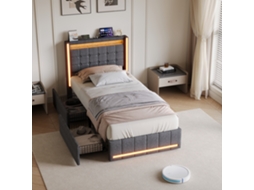 Cama De Solteiro 90x200 Em Tecido Linho Com Led Rgb, Cabeceira Acolchoada Com Usb E Usb-c, Cama Com 2 Gavetas De Arrumação, Cinza