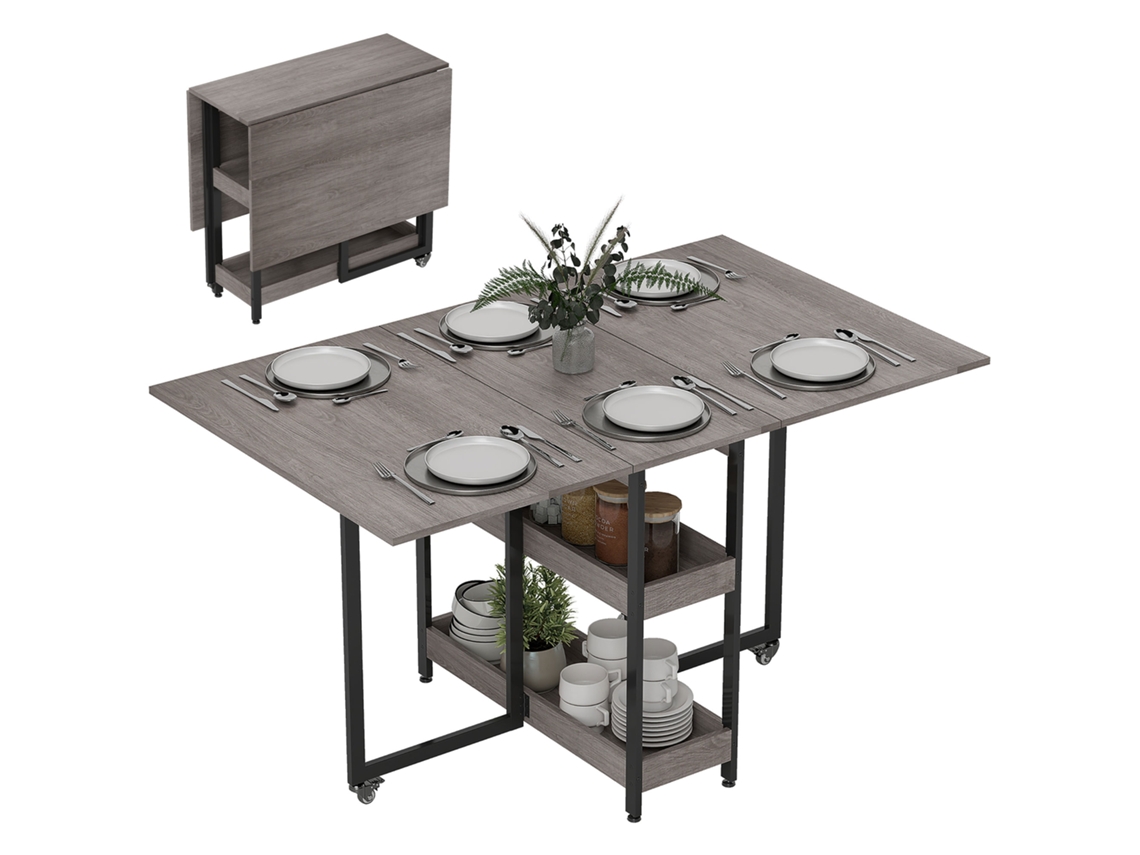 Jantar Dobrável Mesa de Cozinha Retrátil 4 Rodas Pessoas 2 Abertas Prateleiras Mesa de Sala 133,4x80x75cm Cinza Fnc