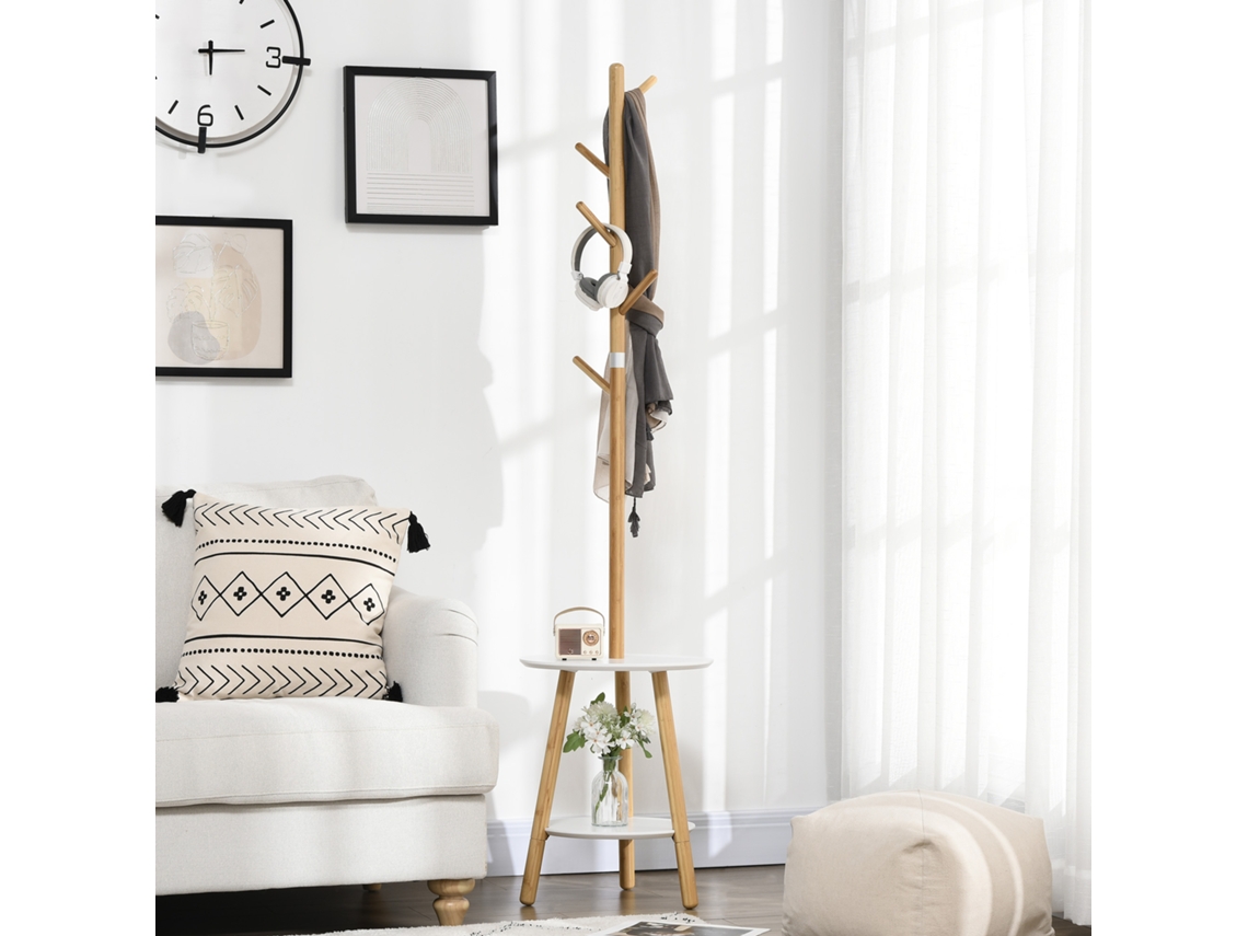Cabideiro Em Mdf E Alumínio Com 5 Ganchos De Bambu E Mesa Redonda, 39,5 X 39,5 X 171 Cm