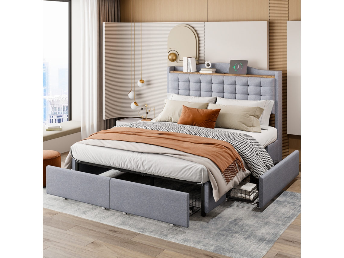 Cama Estofada 140*200 Cm, Criado-mudo Com Porta Usb Para Carregamento E Prateleira, Cama De Casal Com 4 Gavetas, Tecido De Linho Cinza-op