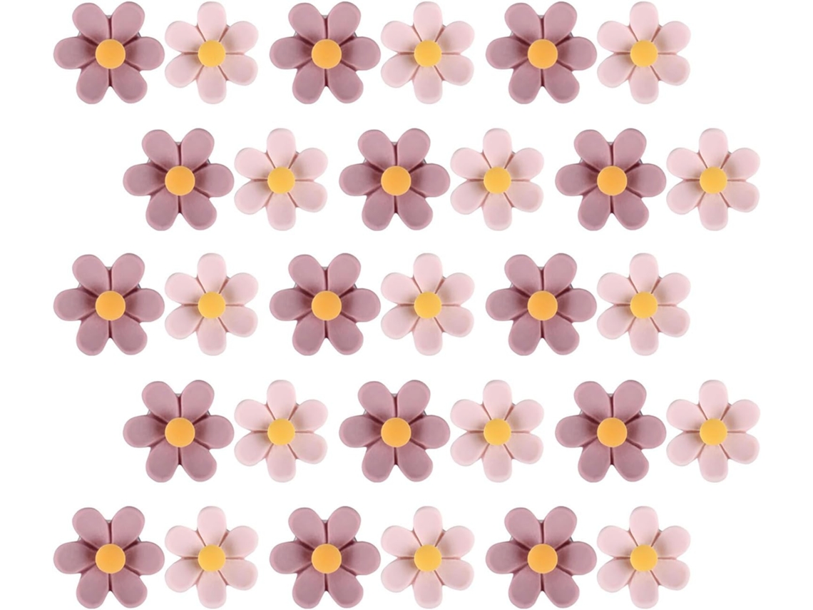 50 pequenos alfinetes tridimensionais em formato de flor, feitos de plástico e metal, para mesas e escrivaninhas.
