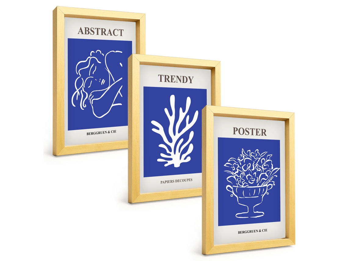 Composição De Quadrospôsteres Azuis Elegantes Moldura Dourada Imagens Para Um Quarto Infantil Espelharte (3 Peças 20x30 Cm)